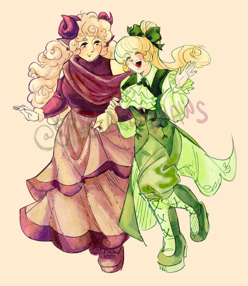 Sketch commission of mymeadowly’s Lily and Mahrie! Lily talks excitedly and holds Mahrie’s arm while Mahrie listens affectionately.