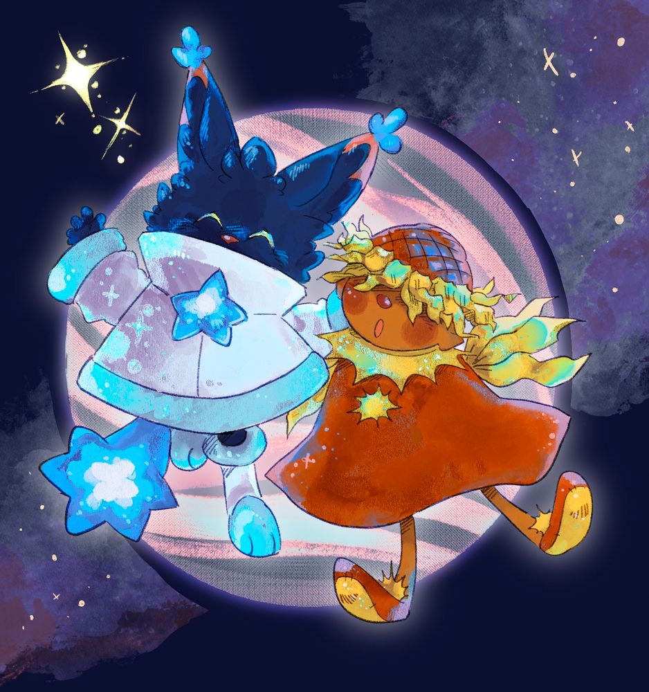 Lumi (@marmarblesz’s character) and Sunflower (mine) seeing the wonder of space and being friends in front of a pink and blue cloudy planet and a nebula.