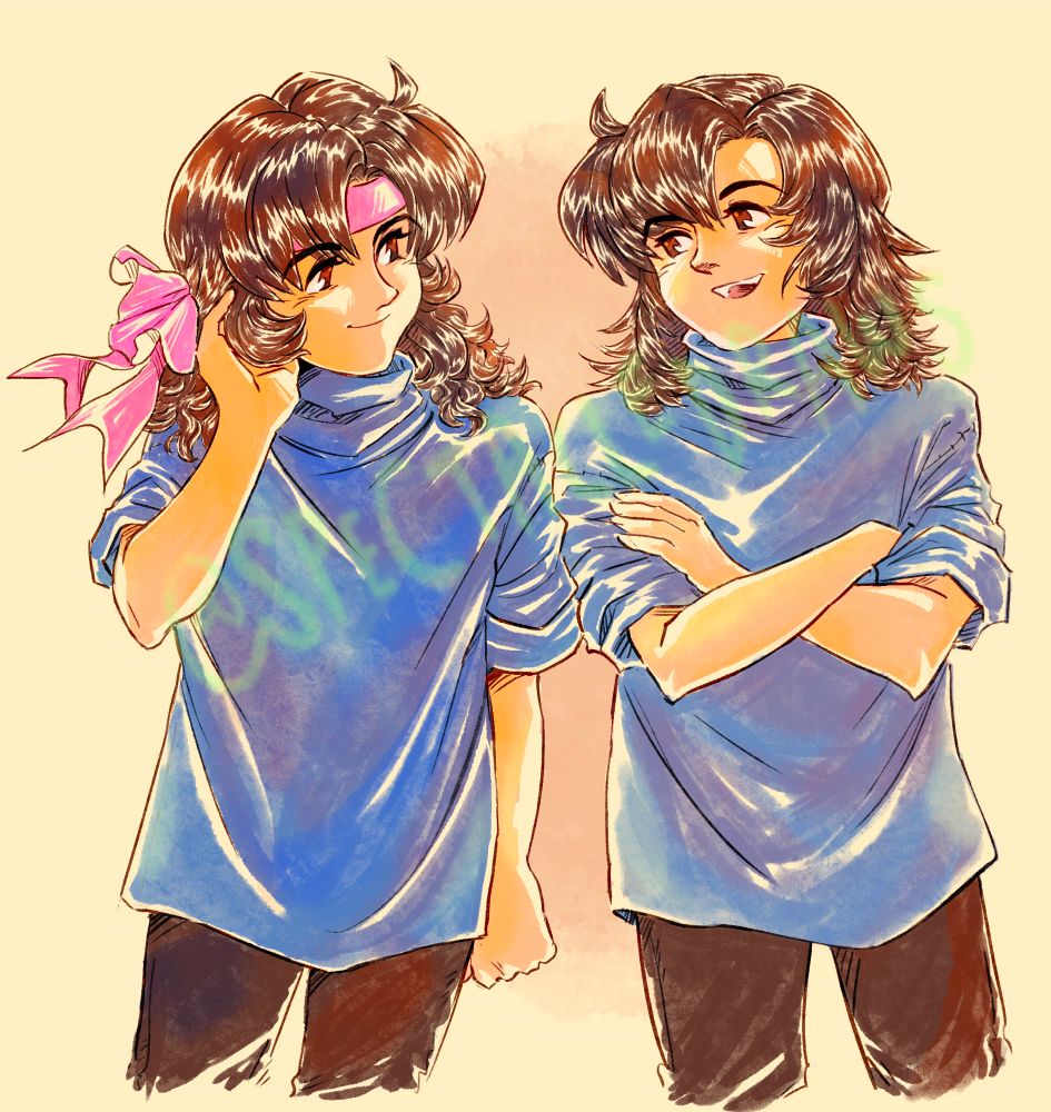 A drawing of younger Jeanne and Leif from fire emblem thracia 776, depicted in mrmissmrsrandom’s fic Tightrope. They’re dressed similarly in blue shirts and brown pants with similar hairstyles, but Jeanne has slightly curlier hair and her pink ribbon. 
