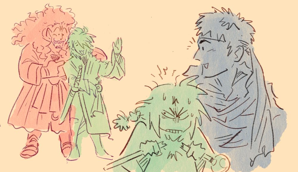 Doodle of skrimir with an arm around Stefan enthusiastically pointing at him while Stefan waves. Ike looks back at them pleasantly surprised and Soren faces away while snapping a healing staff in half out of dread and despair