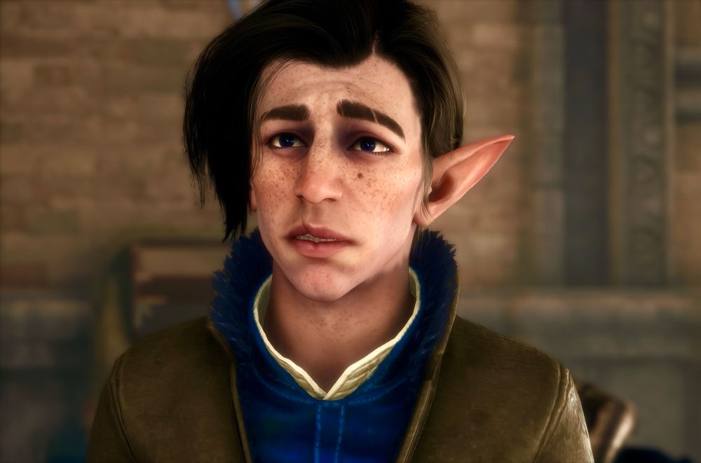 Screenshot of Antoine from the video game Dragon Age the Veilguard with a worried expression.