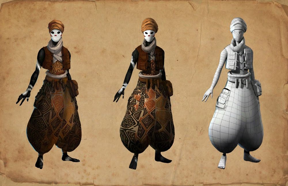Concept art and 3D model of a character.
Character is standing tall with their right hand stretched out to their side. They are wearing a white plain mask,  an orange head wrap, tan scarf, leather vest, and poofy pants with geometric patterns.