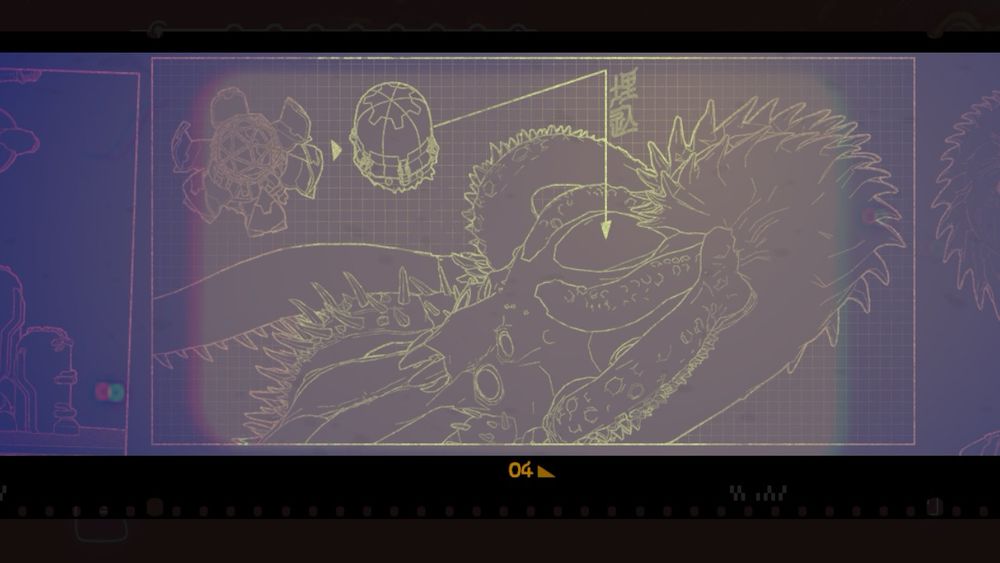 『深世海 Into the Depths』、時たま入手することができる人類が深海に残した設計図。巨大な海洋生物の頭部に機械を埋め込むような図が描かれている。