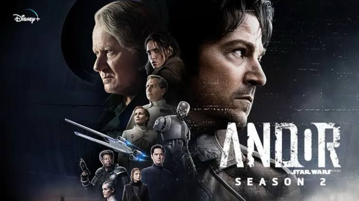 『アンドー』シーズン2のメインビジュアル。逆方向を向くキャシアンとルーセンの間に反乱軍の人々が描かれている。
