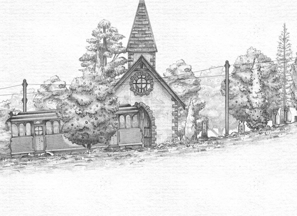Extrait de l'animation interactive Short Trip par Alexandre Perrin, représentant un dessin crayonné avec un tramway circulant dans un paysage forestier relaxant, avec une petite chapelle en arrière-plan.