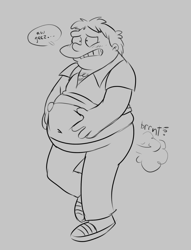 A sketch of Barney from the Simpsons. He is holding his belly and farting, saying "aw geez".