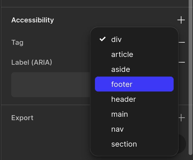 screenshot of Figma Sites interface showing Accessibility section with tag selection and input for aria label