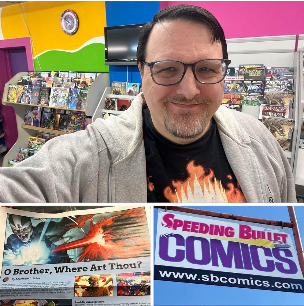 Picture of Matthew Price in comic shop, picture of news article about comic book siblings, picture of Speeding Bullet Comics store sign. 