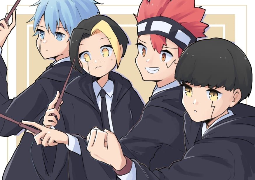 Illustration of Lance, Finn, Dot and Mash from the manga/anime series 'Mashle: Magic and Muscles'