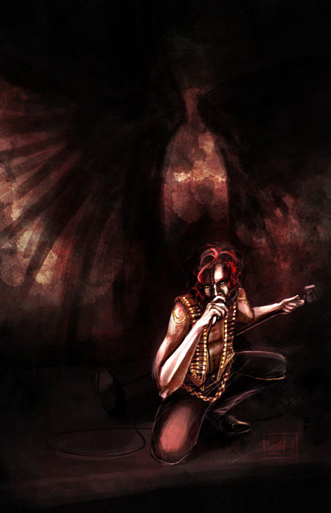 Digital painting of rockstar Crowley crouching on one knee at the edge of a stage, making direct eye contact with the audience. He holds a microphone against his mouth, separated from the mic stand which he grips in his other hand. He wears an open vest covered in gold embroidery and toggles, reminiscent of Adam Ant's "Stand and Deliver" jacket, black pants, and tall black boots. Behind him, the shadows of vast black wings appear against a flood of dappled red light. (Good Omens AU)