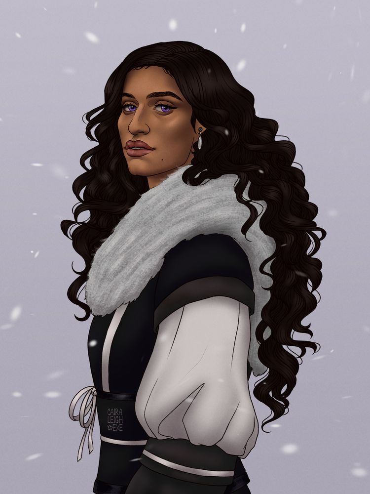 Anya Chalotra as Yennefer of Vengerberg from The Witcher with long curly black hair, black and white trim clothes with white fur