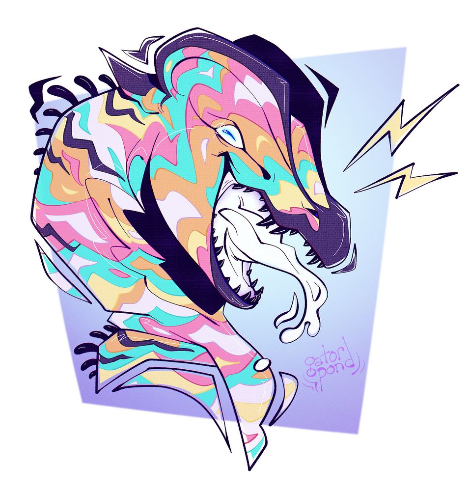 digital headshot illustration of a very colorful dilophosaurus character with its mouth open, flashing many sharp black teeth and a goopy white/iridescent tongue. its face and long, thick neck are patterned with bright yellow, pink, turquoise, orange, and white with dark blue-purple tips. the background is a purple-blue gradient.