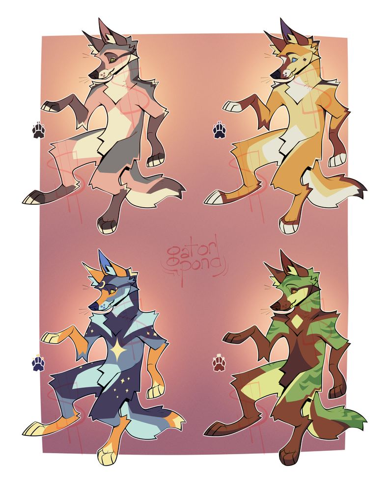 4 different coyote adoptables from the same base. each has a small pawprint next to them to show the color of their paws and claws, which aren't shown in the main illustration. descriptions of individual designs in thread below.