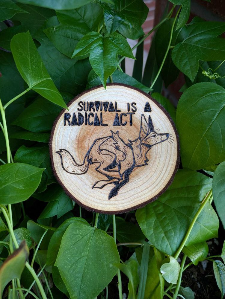 photo of a wood slice with a running coyote burned onto it. the words "SURVIVAL IS A RADICAL ACT" appears above them. the piece is propped on a background of bright green vines.