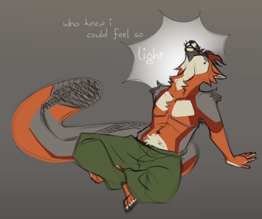 colored sketch of an anthro gray fox character. he is leaning back on his hands, head tipped back and legs crossed underneath him tailor fashion. he is giving a small, relieved smile and has top surgery scars on his chest. he's wearing baggy olive green pants. there is a bright light shining behind him, and the words next to him read "who knew i could feel so light."