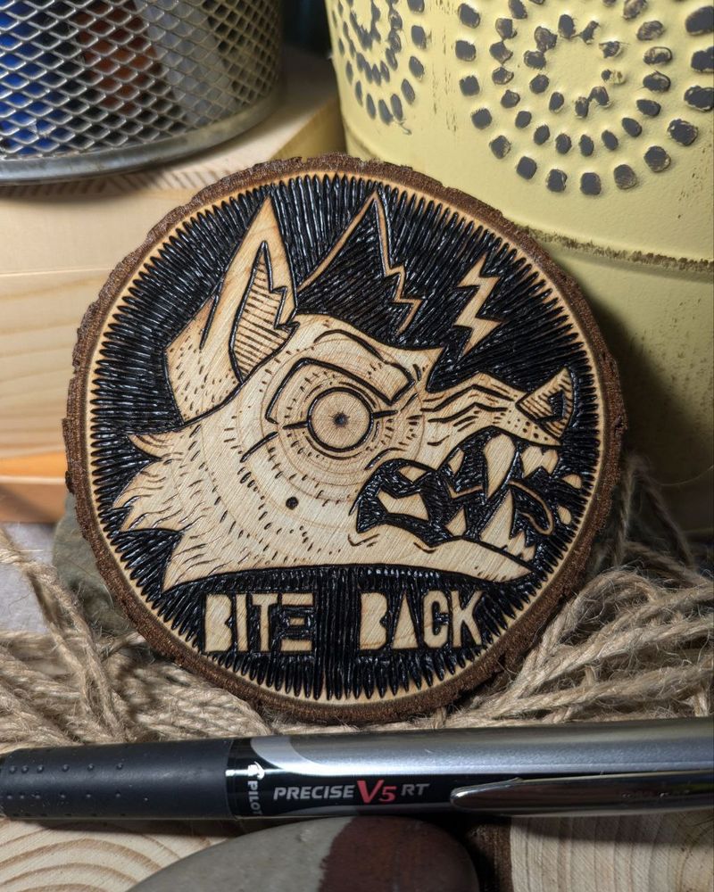 photo of a piece of woodburning art featuring a snarling canine head on a black bg. there is a lightning bold at the top of the piece, as if striking the dog or coming from it, and there are three drops of blood or spit coming from the dog's teeth. the words "BITE BACK" are below the head. the entire piece is on a ~3.5" smooth round slice of wood.