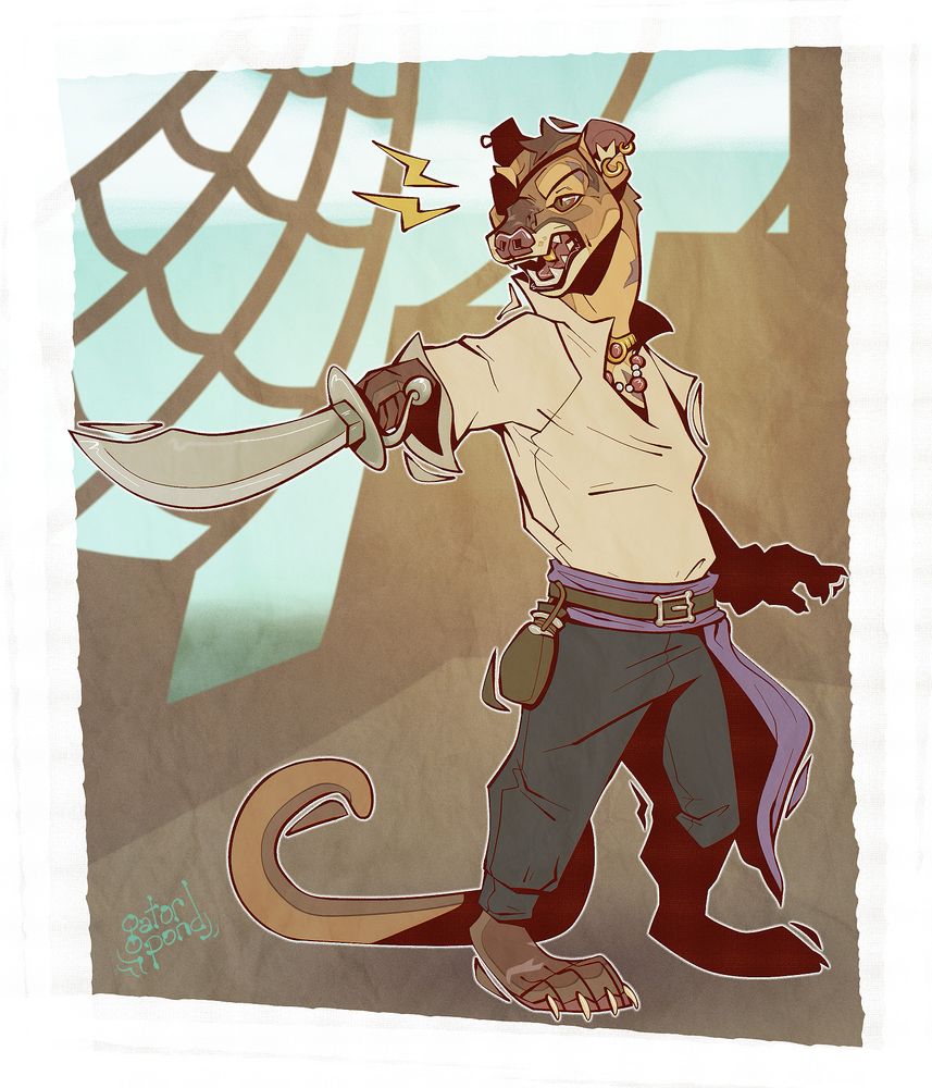 digital illustration of an anthro fossa character wielding a cutlass and flashing a snarling challenge, revealing a gold canine tooth. she has an eyepatch and multiple gold piercings in her small, perked ears as well as 2 necklaces with red gemstones. around her waist is a tied scarf with a belt. she has many scars on her face and body. the background shows the silhouette of a ship on the ocean.