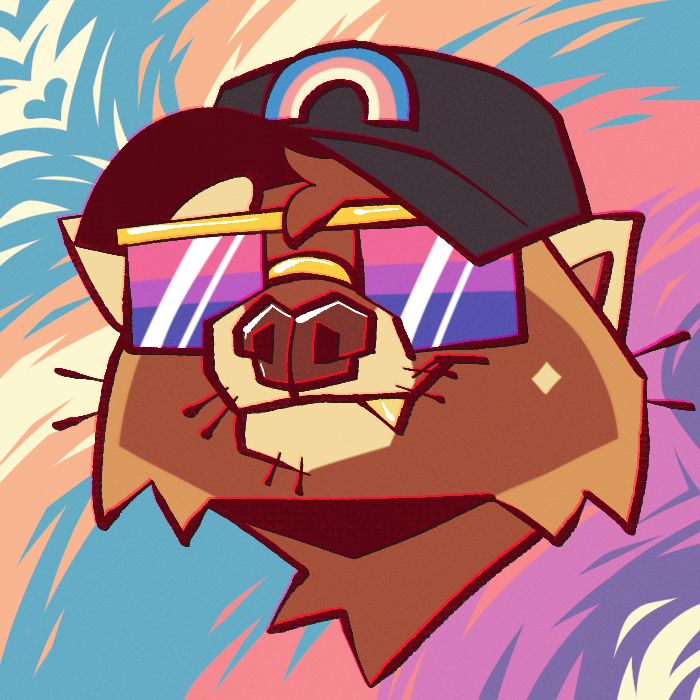 digital headshot illustration of an anthro raccoon wearing a trucker hat with a trans flag rainbow on the front and a pair of bi flag colored shades hide his eyes. he has a half-grin on his face. the background is a swirl of trans and bi flag colors.