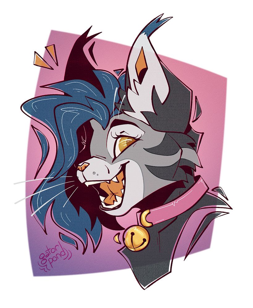 same character as previous image, but now they are wearing a pink collar with a gold bell attached.