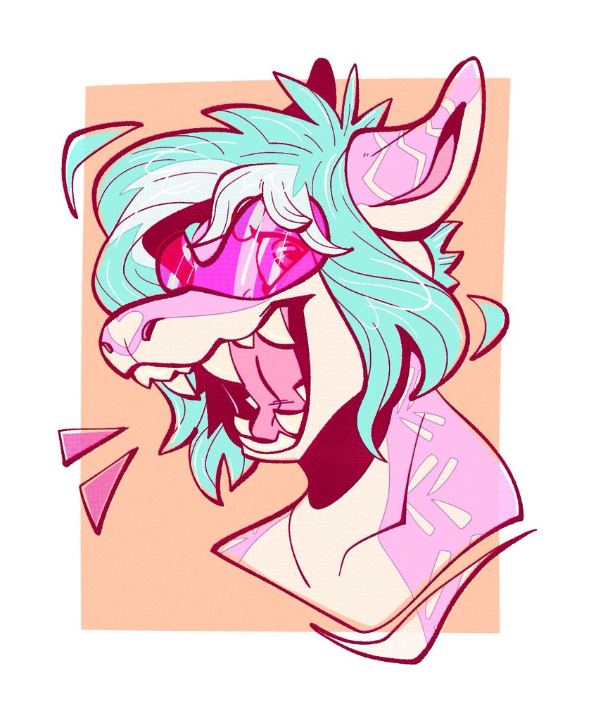 an anthro character with large, sharp teeth and an excited, open-mouthed smile on his face. he's wearing bright pink goggles.