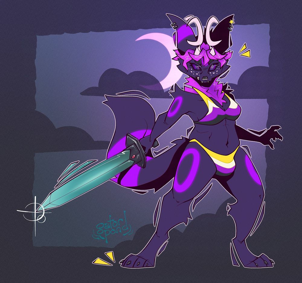 digital illustration of an anthro umbreon character with dark indigo fur and glowing purple ring patterns and hair. the character has moon-shaped antlers and small spike-horns as well as multiple piercings in each ear, one of which is star-shaped. they are wearing a bikini in the nonbinary flag colors and standing with digitigrade legs braced as they wield a large sword. the sword's blade is almost glowing blue-green and the hilt is a dark, shiny metal featuring a red gem. the background is a teal-blue-and-purple gradient featuring a crescent moon and dark clouds.