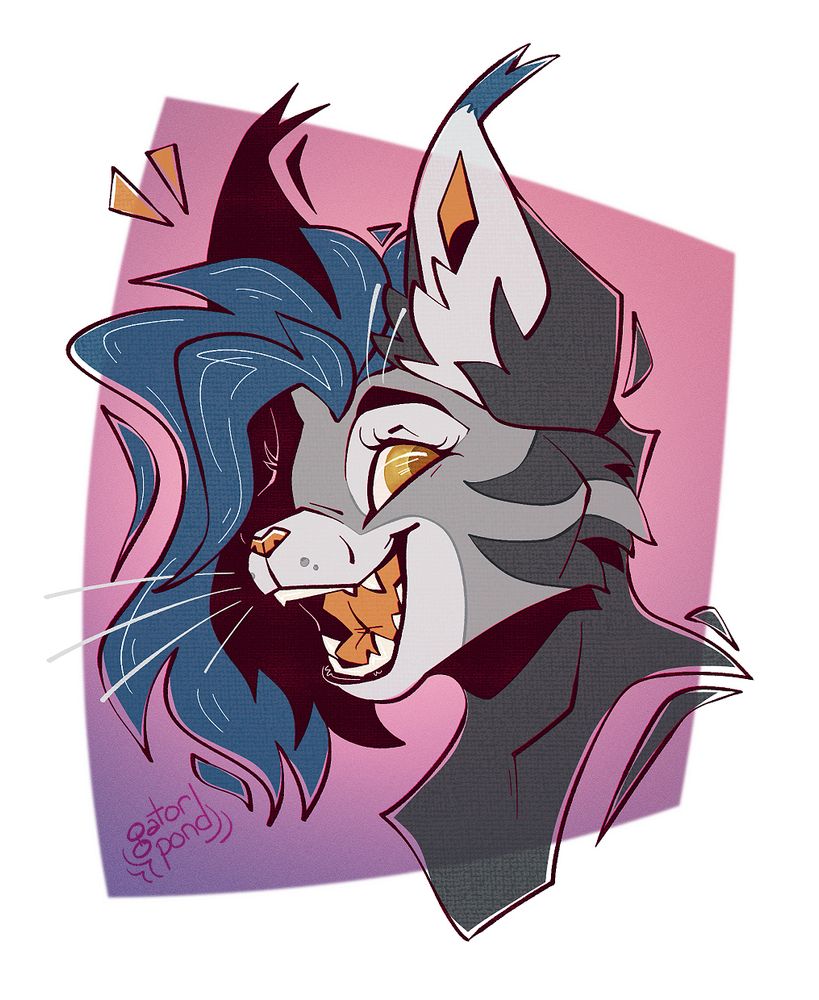 digital headshot illustration of an anthro cat character giving an excited, open mouthed smile, showing off their small, sharp fangs. they have various grey tones of fur, stripes on their cheeks, and teal hair that cascades over one side of their face. each large, fluffy ear is tipped with the same teal in tufts. their eyes, nose, tongue, and inner ears are orange/gold. the background is a pink/purple gradient.