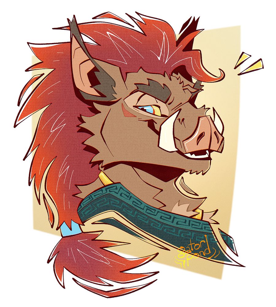 digital headshot illustration of a boar/porcupine hybrid character giving a smug smirk. he has spiky, flame-colored spines/hair tied back behind his ears and large tusks as well as a pig-like nose. he is wearing a cloak or robe and a gold necklace. the background is a gradient of very light tans like a desert setting.