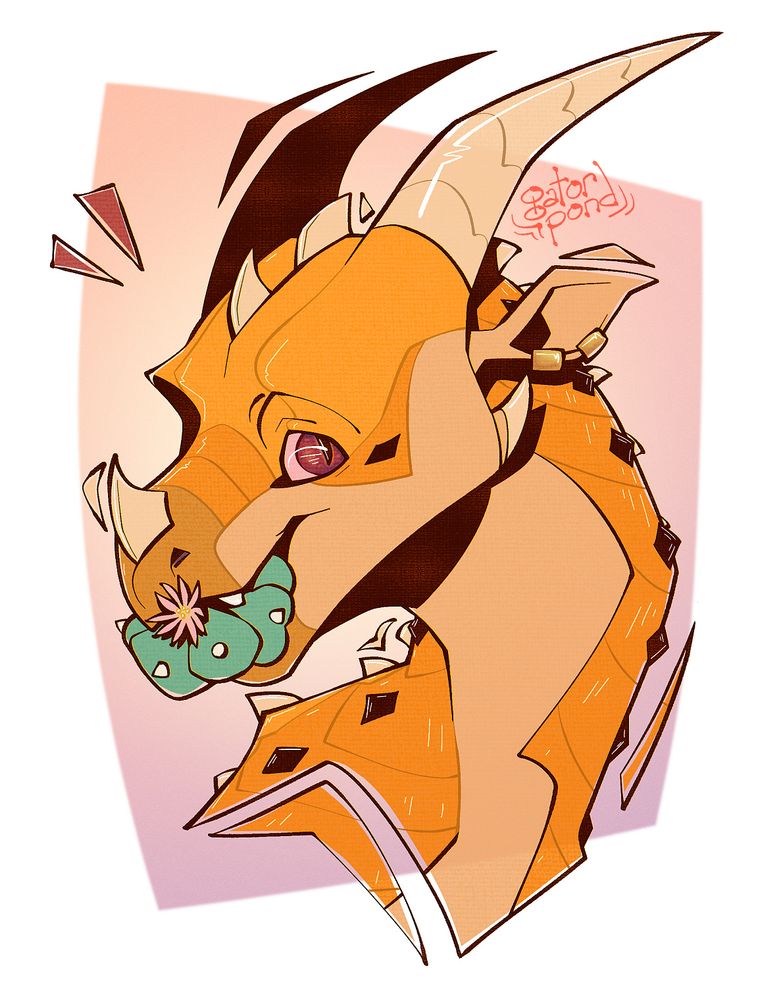 digital headshot illustration of a dragon character giving a playful smile while holding a peyote cactus in her mouth. the cactus has a tiny pink flower on it, poking out of the dragon's muzzle. the dragon has gold, tan, and beige scales and skin, horns atop his head, and spikes that run down her spine, as well as one on the tip of her nose and at the edge of his cheek. there are also black diamond shaped scales that run down both sides of his neck and small ears. the one visible ear has 2 dark brassy gold piercings. the character's eyes have slit pupils and are pink and red, and the background is a very light "sunset" gradient.