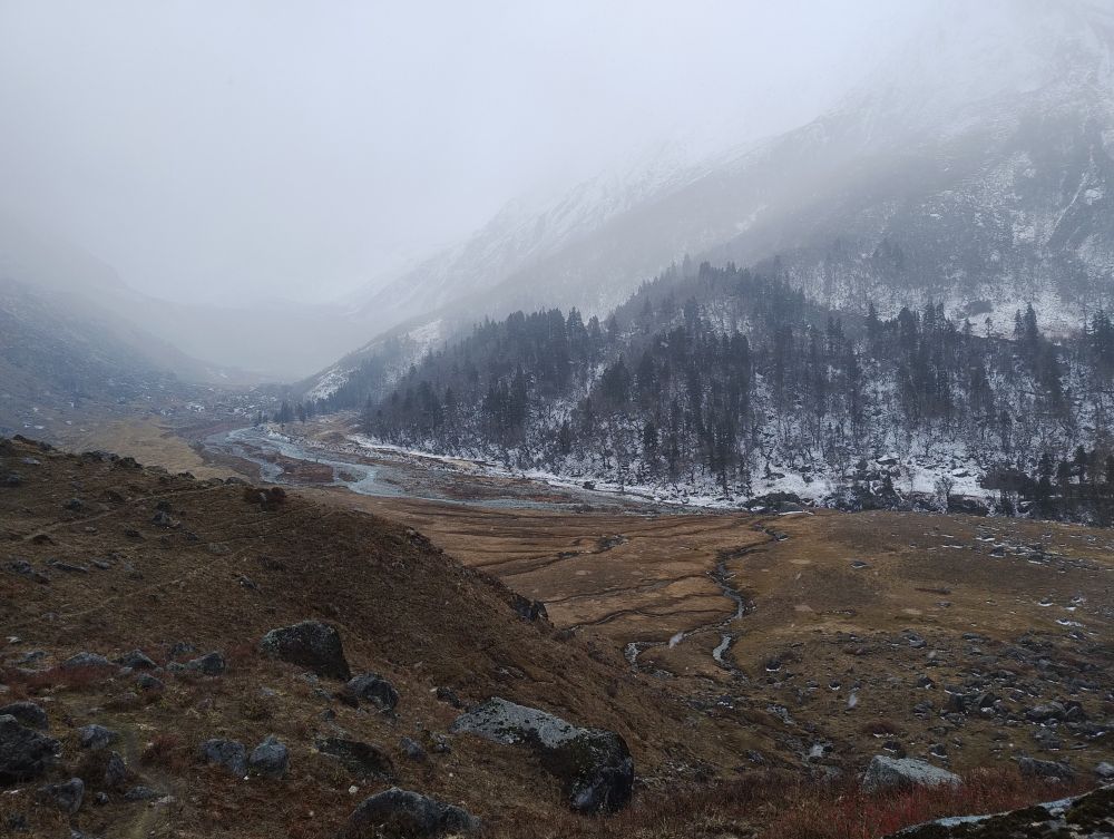 The Har Ki Dun summit/valley. It's not quite the summit but it's this little high point between 3 valleys. We hiked up the one to the South, and this is the one to the northeast that you can only see once you reach the top.