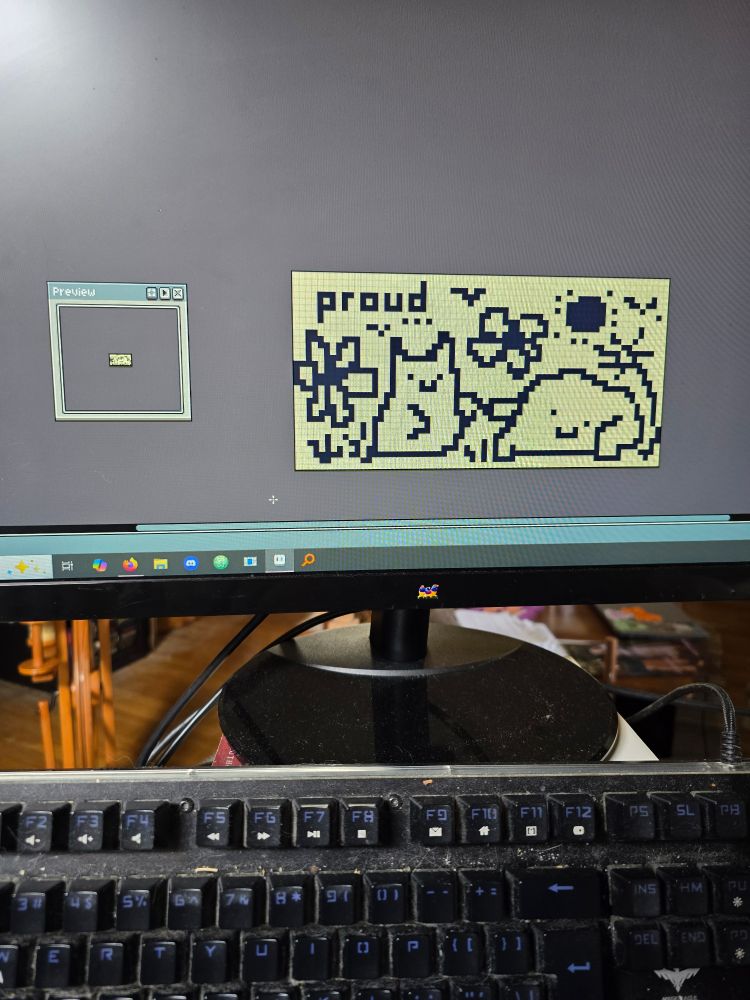 Pixel art of two derpy smiling characters. One with long bunny-like ears and one that looks like a lumpy couch. There are birds and a sun and flowers and the word "proud" is above them