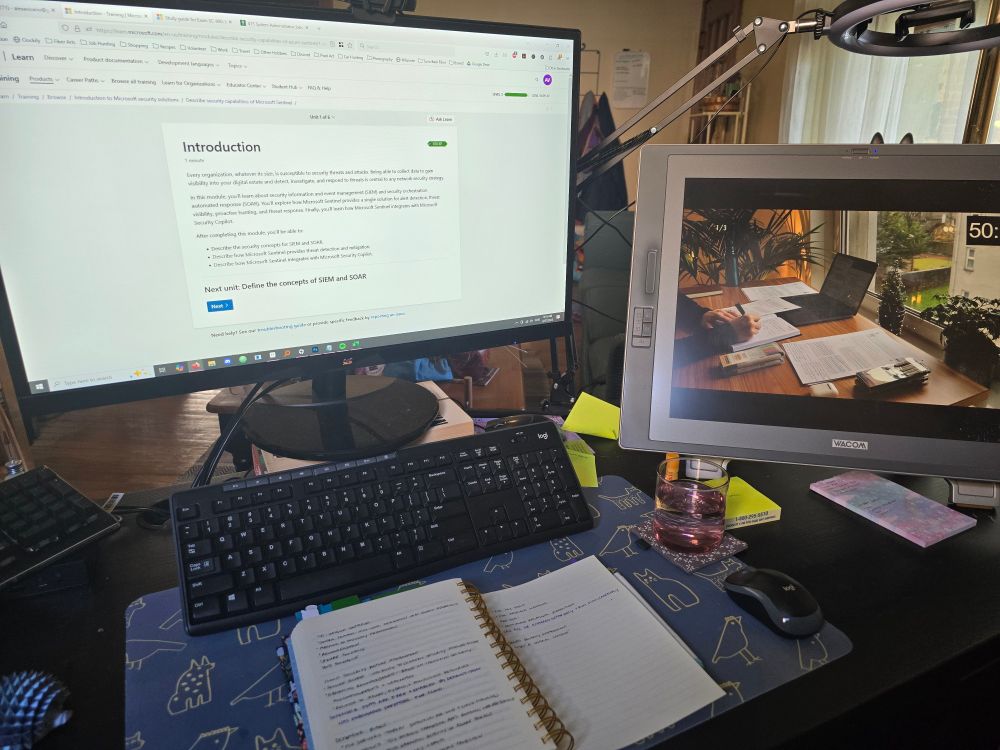 A study space. Two monitors, one showing Microsoft learn pages and the other showing a person studying with a timer. 