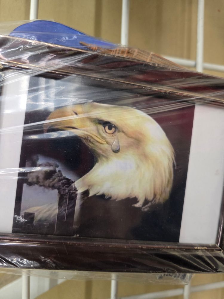 A photoshopped image of a bald eagle with a tear overlooking a small image of the twin towers with smoke coming out of them. It's framed and sealed in a plastic bag.