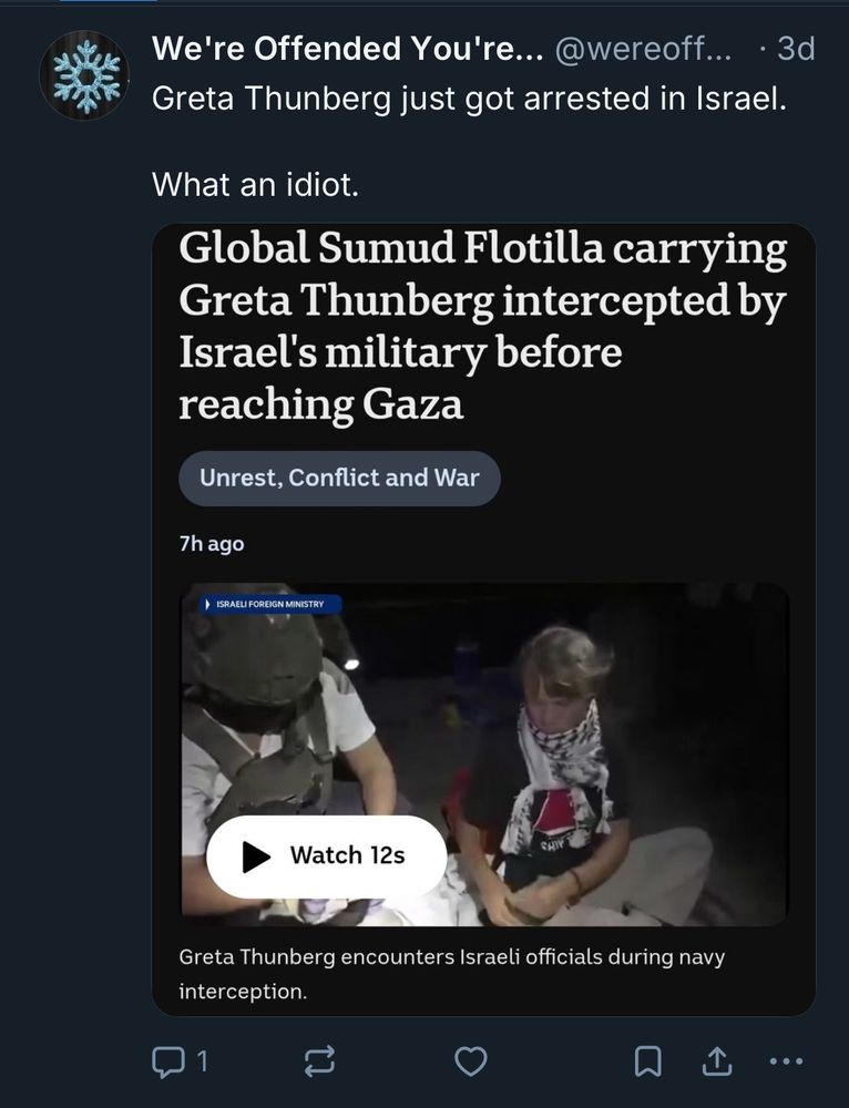 Account I’m responding to calls Greta Thunberg an “idiot” in response to the news she was illegally kidnapped by Israel (which thus account calls getting “arrested”)
