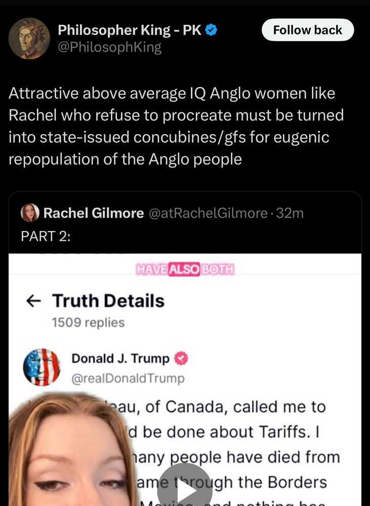 Idiot Twitter incel says, in response to one of my videos: “Attractive above average IQ Anglo women like Rachel who refuse to procreate must be turned into state-issued concubines/gfs for eugenic repopulation of the Anglo people”