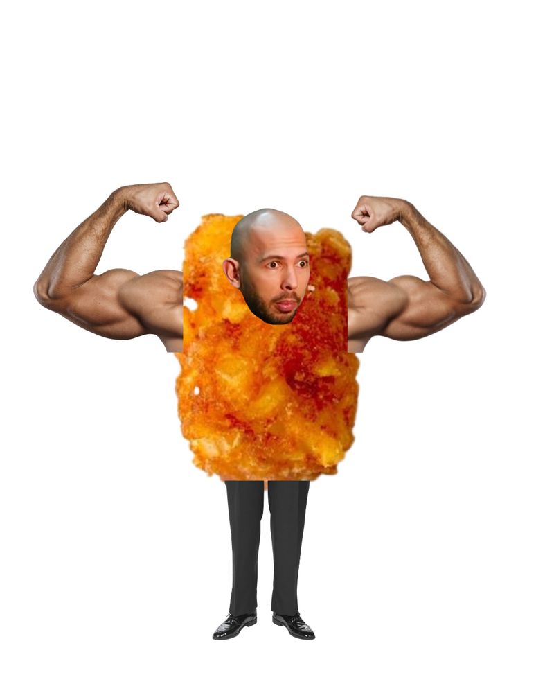 Andrew Tate's head on a tater tot with buff arms and tiny legs