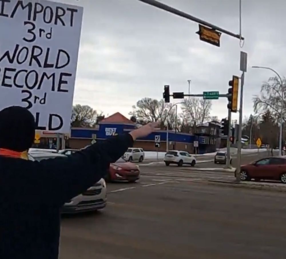 One man is seen throwing a Nazi salute at the side of the road while holding a sign that reads “import third world become third world”