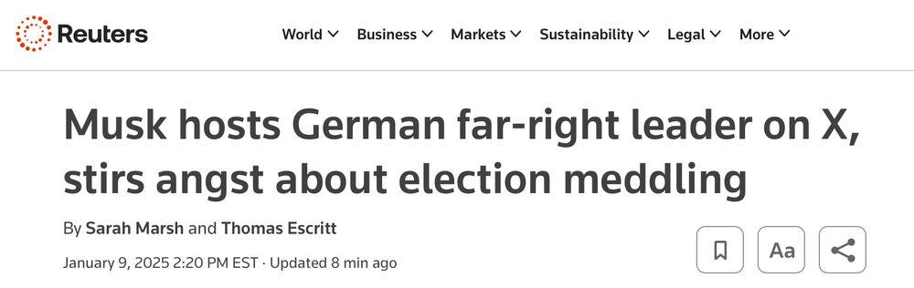 Reuters headline reads: "Musk hosts German far-right leader on X, stirs angst about election meddling"