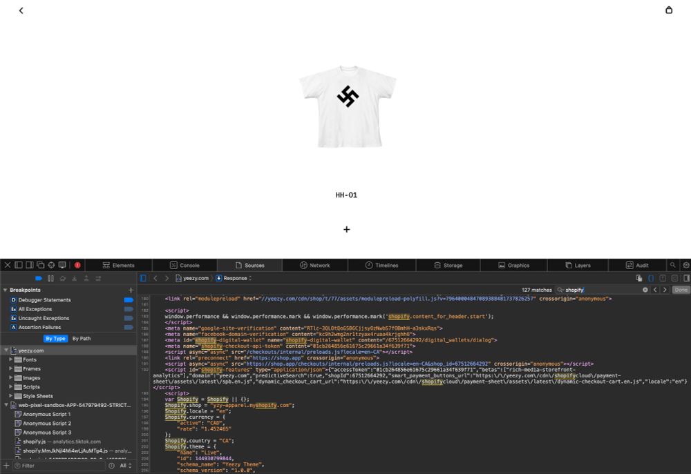 Image shows the Yeezy website with a swastika t-shirt for sale as the only item on the page. It also shows the website source code, which has the "shopify" mentions highlighted. There are 127 matches.
