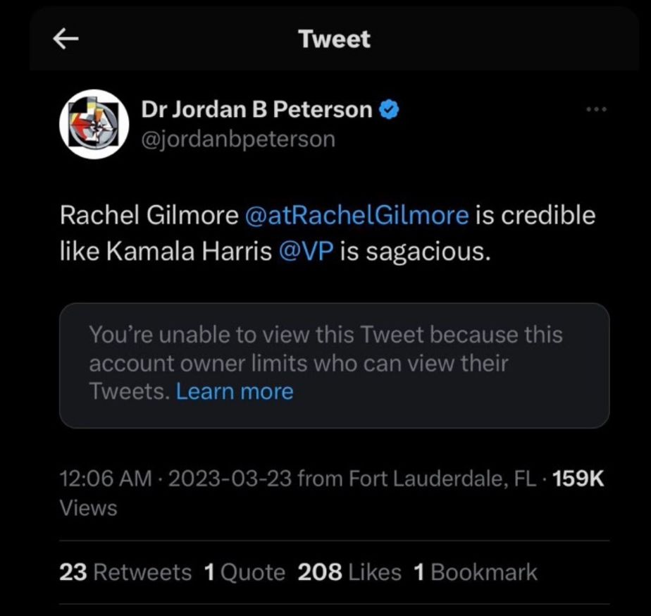 Jordan Peterson tweets "Rachel Gilmore is credible like Kamala Harris is sagacious"