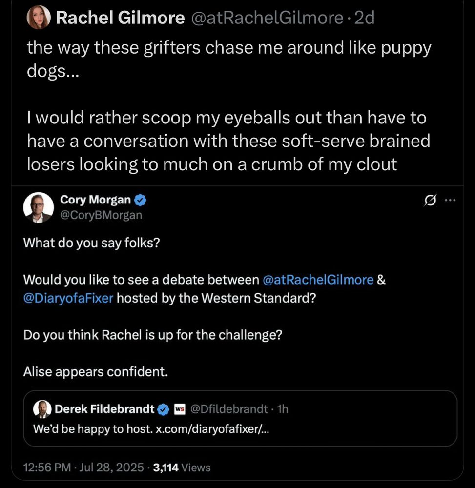 Image of my response to their debate invite, which was: “the way these grifters chase me around like puppy dogs...
I would rather scoop my eyeballs out than have to have a conversation with these soft-serve brained losers looking to much on a crumb of my clout”