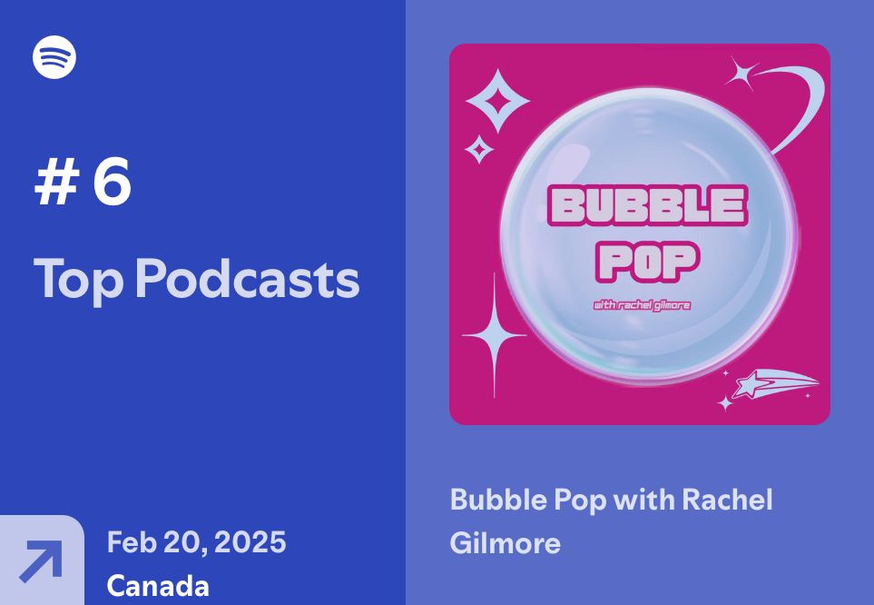 Image shows my podcast, Bubble Pop with Rachel Gilmore, is #6 in Canada on Feb. 20 