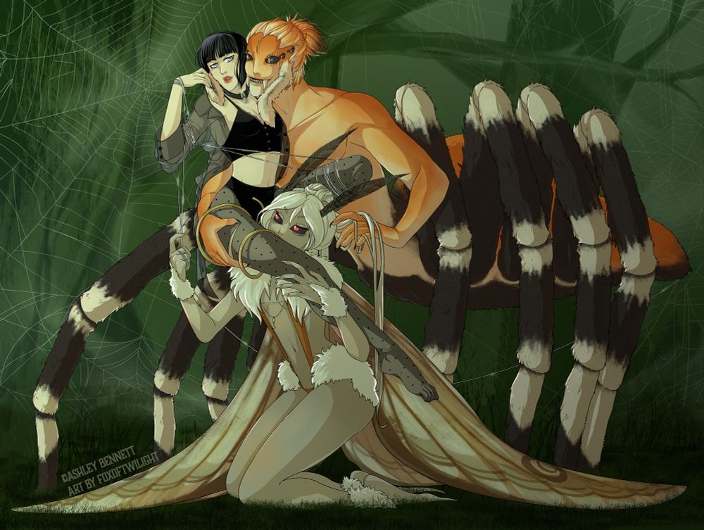 A human female, a moth woman, and a spider man share an embrace. The human human is tied in spider web strings.