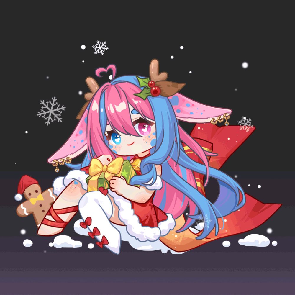 LadyBunnBunn Christmas Art. LadyBunnBunn is a pink bunny girl with blue accents. Her hair is pink and blue. Her right eye is blue and her left eye is pink. She is in a red velvet Christmas dress with white puffy accents surrounded by snow. It is a gif so the snow is falling while LadyBunnBunn appears to be talking. She is holding a green and yellow present. A little gingerbread man is seen behind her right leg. She is sitting to the side with her legs to the right of her. 