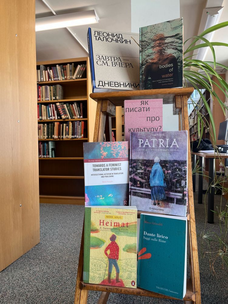 A display of new books on a stepladder in the MMLL Library.
