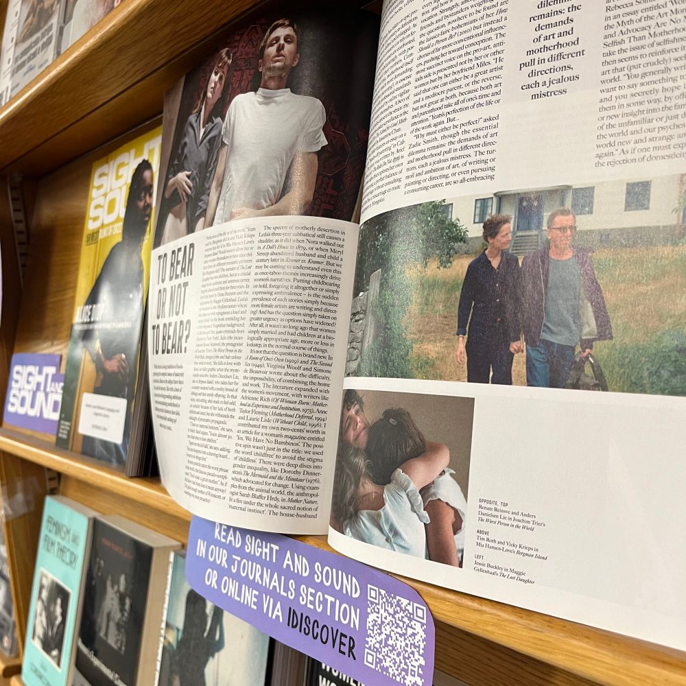 A photo of the journal Sight and Sound, open to a page on motherhood in films.