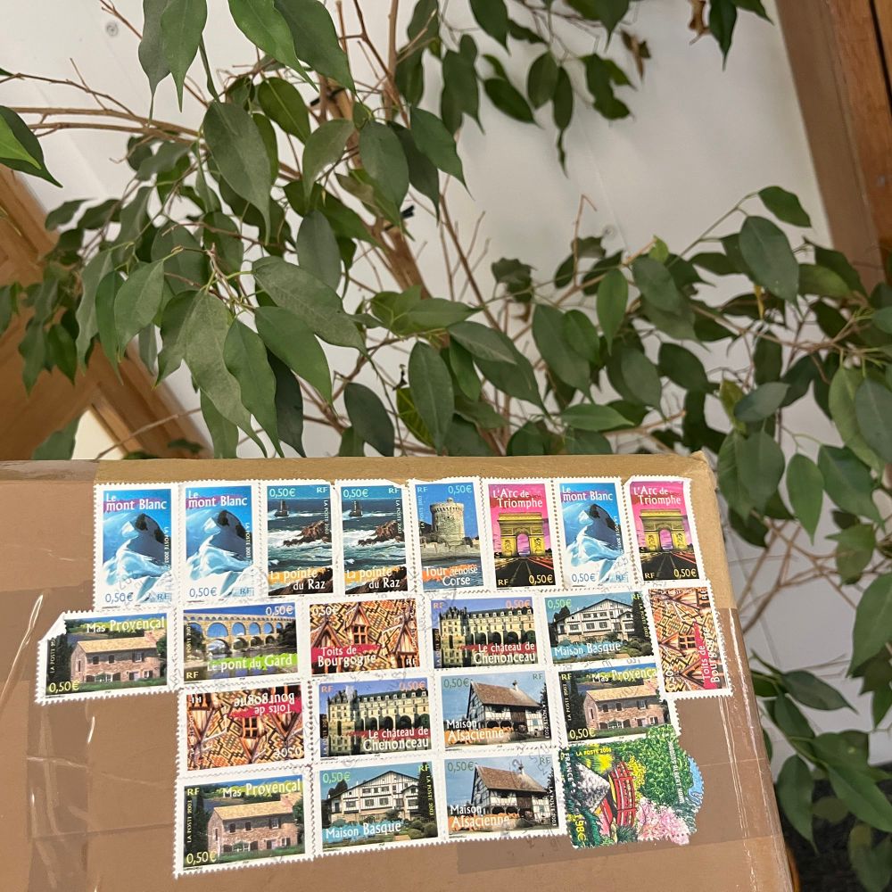 A parcel held in front of a plant in the MMLL Library foyer. There are 22 stamps of French landmarks and houses on the parcel.
