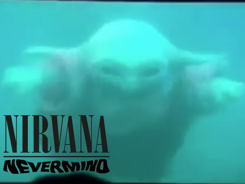 Grogu qui nage avec le logo de l'album "Nevermind" de Nirvana