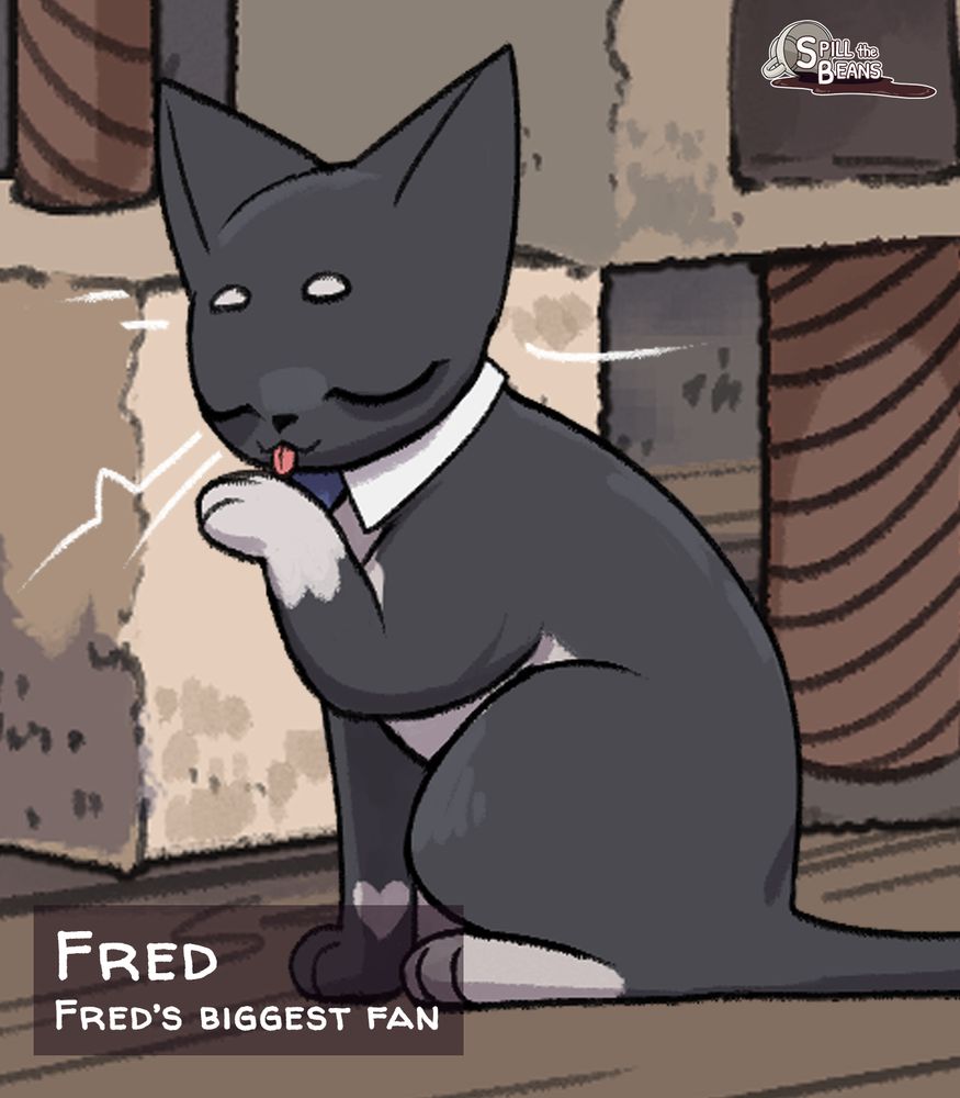 Image of Fred from Spill the Beans, a grey cat wearing a tie and shirt collar.