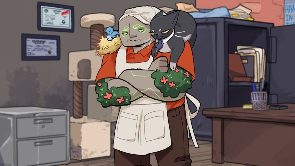 Image: Sloane the golem with Fred the cat on her shoulder, both staring at the camera with a disapproving expression.