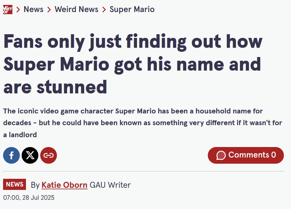 Headline from The Mirror stating that fans are finding out about Mario's name and are stunned.